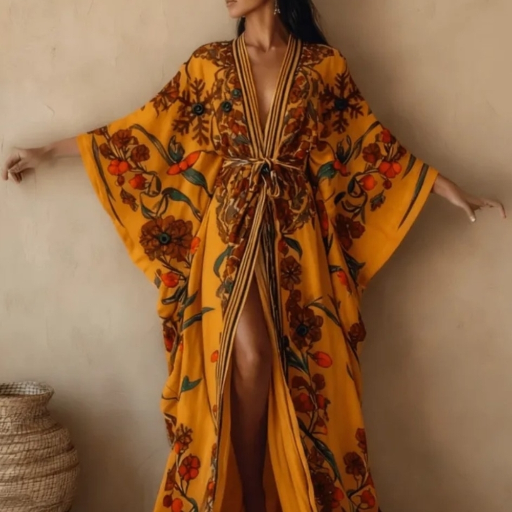 Mustard Floral Kimono Maxi Dress